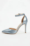 Women's Silver Patent Ankle Strap Stiletto Court Shoes Pointed Toe 221