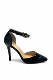 Women's Black Matte Ankle Strap Stiletto Court Shoes Pointed Toe 221