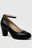 Women's Black Matte Ankle Strap Block Heel Court Shoes Round Toe 1829
