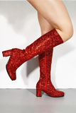 Women's Red Glitter GoGo Boots Knee High Block Heel Retro Fancy Dress 1960s 1970s G-733
