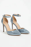 Women's Silver Patent Ankle Strap Stiletto Court Shoes Pointed Toe 221