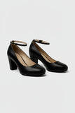 Women's Black Matte Ankle Strap Block Heel Court Shoes Round Toe 1829