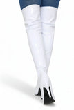 Women's White Thigh High Over The Knee Stiletto Boots Faux Leather Zip G-051