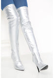 Women's Silver Thigh High Over The Knee Stiletto Boots Faux Leather Zip G-051