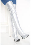 Women's Silver Thigh High Over The Knee Stiletto Boots Faux Leather Zip G-051