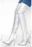 Women's Silver Thigh High Over The Knee Stiletto Boots Faux Leather Zip G-051