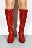 Women's Red Glitter GoGo Boots Knee High Block Heel Retro Fancy Dress 1960s 1970s G-733