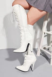 Women's White Knee High Stiletto Heel Lace Up Side Zip Boots Pointed Toe Patent PU G-719