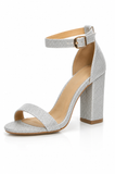 Women's Silver Shimmer Glitter Chunky Block High Heel Ankle Strap Peep Toe Sandals-BS 1810