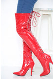 Women's Red Thigh High Over The Knee Stiletto Boots Faux Leather Back Lace Up G-748