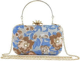 Women’s Embroidery Blue Beaded Floral Evening Clutch Bag with Chain – Wedding, Prom & Party Handbag