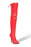 Women's Red Thigh High Over The Knee Stiletto Boots Faux Leather Back Lace Up G-748