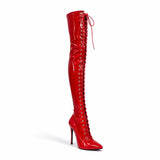 Women's Red Patent Thigh High Over The Knee Front Lace Up Stiletto Boots 11720