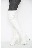 Women's White Thigh High Over The Knee Platform Stiletto Boots Synthetic Leather Zip G-777