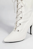 Women's White Knee High Stiletto Heel Lace Up Side Zip Boots Pointed Toe Patent PU G-719