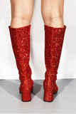 Women's Red Glitter GoGo Boots Knee High Block Heel Retro Fancy Dress 1960s 1970s G-733