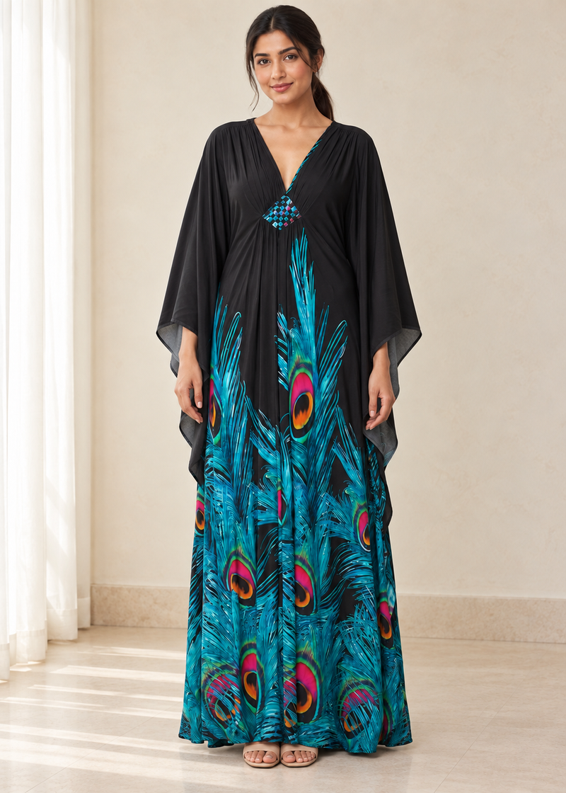 Women’s F-Peacock Print Plus-Size Kaftan Beach Cover-Up