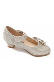 Girls Kids Gold Glitter Mary Jane Low Heel Diamante Bow Party Sandals Shoes-BS-12