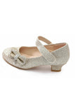 Girls Kids Gold Glitter Mary Jane Low Heel Diamante Bow Party Sandals Shoes-BS-12
