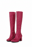 Women's Hot Pink Glitter GoGo Boots Knee High Block Heel Retro Fancy Dress 1960s 1970s G-733