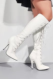 Women's White Knee High Stiletto Heel Lace Up Side Zip Boots Pointed Toe Patent PU G-719