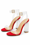 Women's Red Suede Clear Strap Block Perspex High Heel Sandals-BS-71