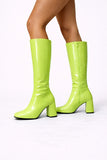 Women's Lime Green Knee High Block Heel Boots Zip 12733
