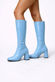 Women's Sky Blue Knee High Block Heel Boots Zip 12733