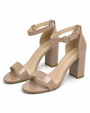 Women's Nude Patent Chunky Block High Heel Ankle Strap Peep Toe Sandals-BS 1810