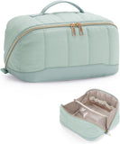 Green Large Quilted Travel Makeup Bag with Brush Holder