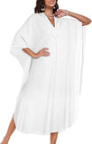 White Women's Boho Kaftan Dress  – V Neck Maxi Beach Cover Up Summer Kaftan