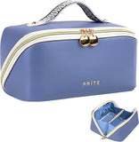 Women’s PU Leather Flat-Lay Travel Makeup Bag with Brush Pocket