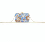 Women’s Embroidery Blue Beaded Floral Evening Clutch Bag with Chain – Wedding, Prom & Party Handbag