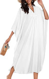 White Women's Boho Kaftan Dress  – V Neck Maxi Beach Cover Up Summer Kaftan