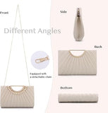 OPLERT Women’s Gold Pleated Satin Evening Clutch Bag with Pearl Handle and Chain Strap