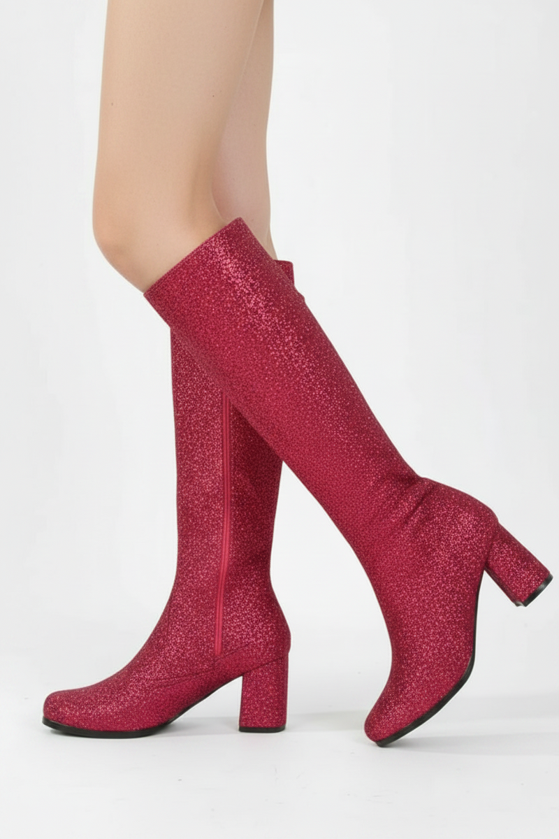 Women's Hot Pink Glitter GoGo Boots Knee High Block Heel Retro Fancy Dress 1960s 1970s G-733