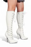 Women's White Knee High Stiletto Heel Lace Up Side Zip Boots Pointed Toe Patent PU G-719