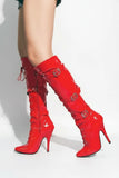 Womens Knee High Full Side Zip Stiletto Heel Red Boots With 3 Buckles G-12055