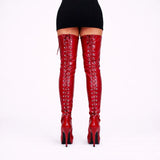 Women's Red Thigh High Back Lace Up Stiletto Boots Over The Knee 12748
