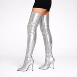 Women's Silver Thigh High Over The Knee Stiletto Boots Zip 12051