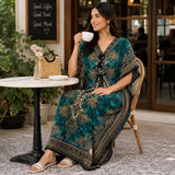 Women Peacock Blue Polyester Kaftan Maxi Dress
