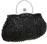 HONGCI Women’s Q Black Rose Beaded Clutch Bag with Chain – Vintage Sequin Bridal and Evening Bag