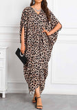 Brown Leopard Long Kaftan Dress – Lightweight Beach Cover Up Maxi Kaftan with Batwing Sleeves