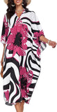 Rosy Red Flower Women's Boho Kaftan Dress – V Neck Maxi Beach Cover Up Summer Kaftan