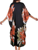 Orange Green Floral Women's Boho Kaftan Dress – V Neck Maxi Beach Cover Up Summer Kaftan