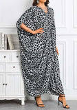 Grey Leopard Long Kaftan Dress – Lightweight Beach Cover Up Maxi Kaftan with Batwing Sleeves
