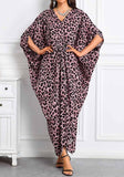 Pink Leopard Long Kaftan Dress  Lightweight Beach Cover Up Maxi Kaftan with Batwing Sleeves