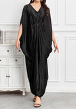 Black Long Kaftan Dress – Lightweight Beach Cover Up Maxi Kaftan with Batwing Sleeves