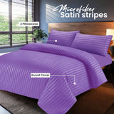 Bedding Set Brushed Microfiber Satin Stripes Easy Care Duvet Cover with Pillowcases - Purple