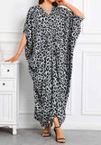 Grey Leopard Long Kaftan Dress – Lightweight Beach Cover Up Maxi Kaftan with Batwing Sleeves